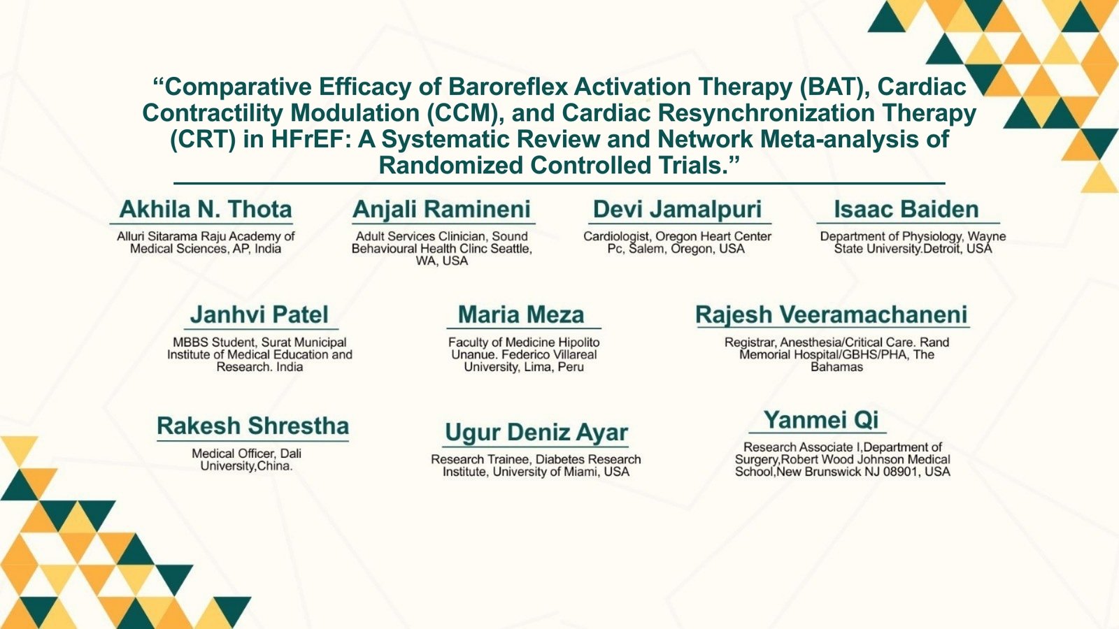 Authors and affiliations for comparative efficacy of BAT, CCM and CRT in HFrEF systematic review