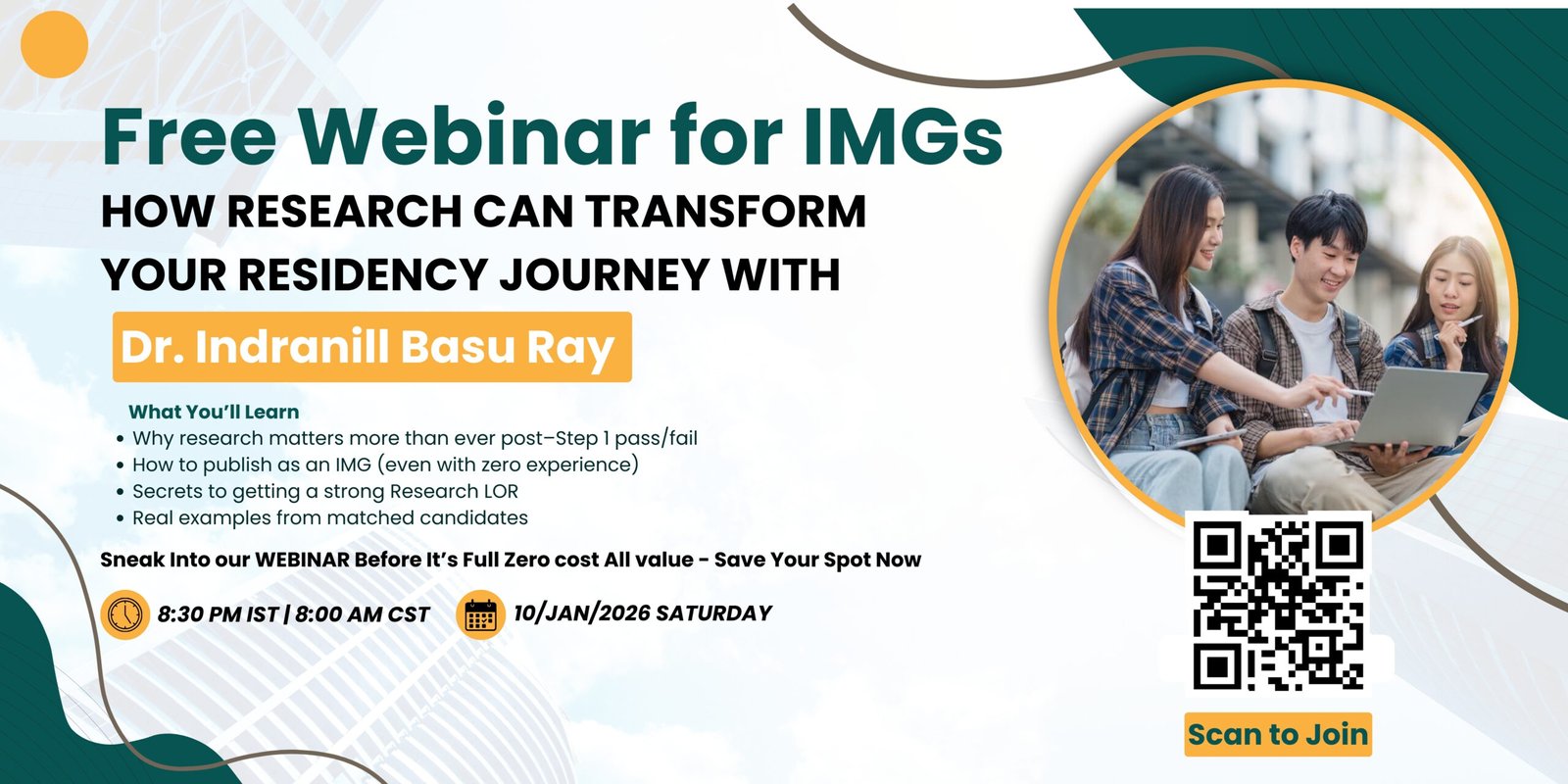 Free webinar for IMGs on how research improves US residency chances after USMLE Step 1